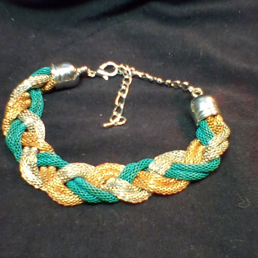 Bracelet - Boho Gold, Silver and Green Metal Braided